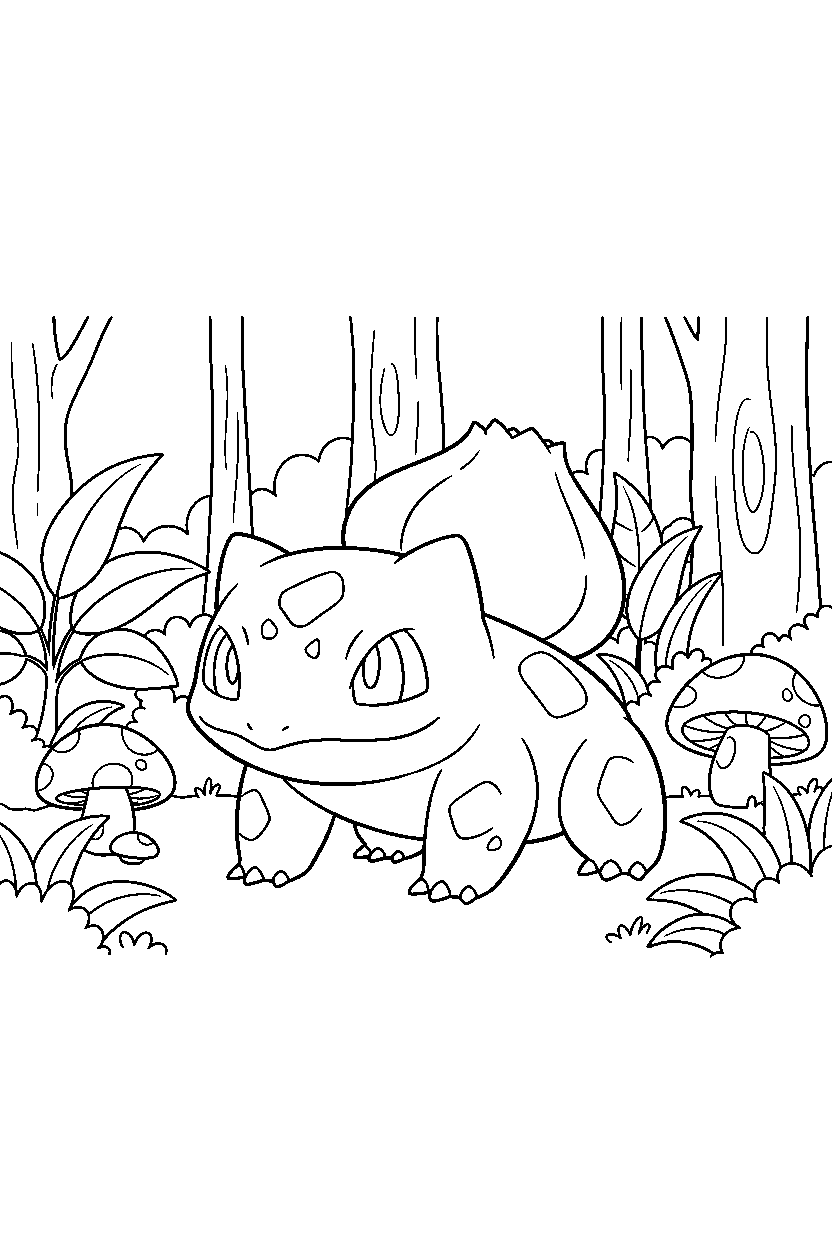 bulbasaur pokemon walking proudly in a hidden forest line art