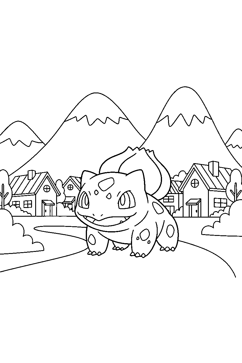 bulbasaur pokemon walking proudly in a mountain village line art