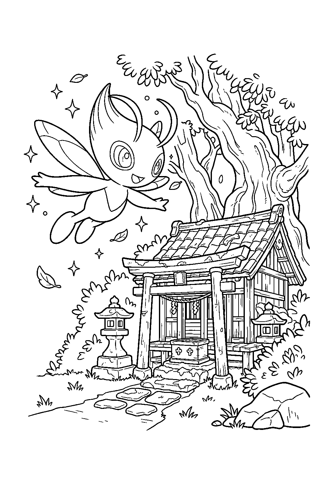celebi flying around an ancient forest shrine line art