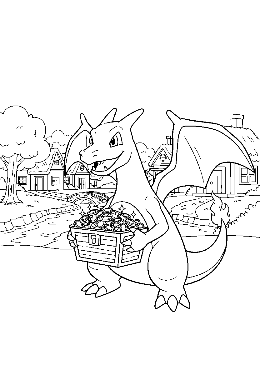 charizard pokemon finding a treasure in a peaceful village line art