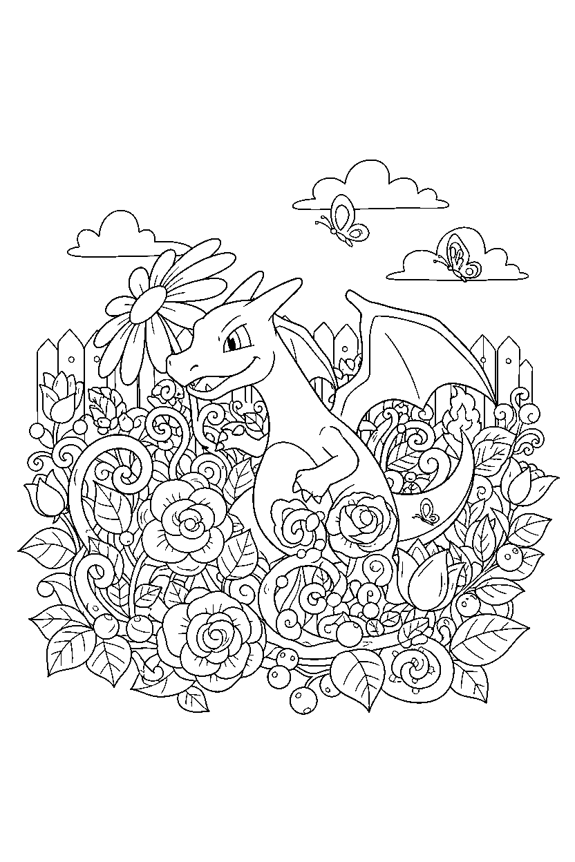 charizard pokemon hiding playfully in a flower garden line art