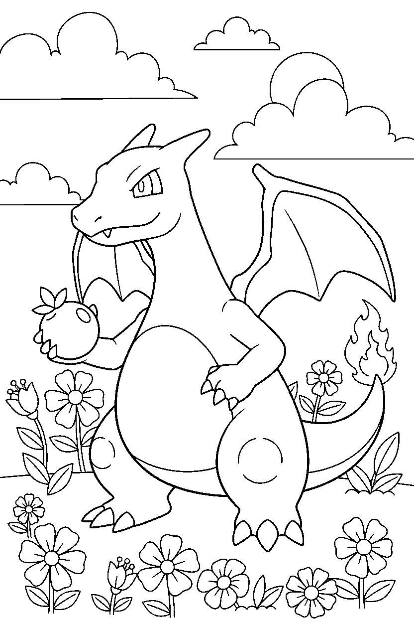 charizard pokemon holding a berry in a flower garden line art