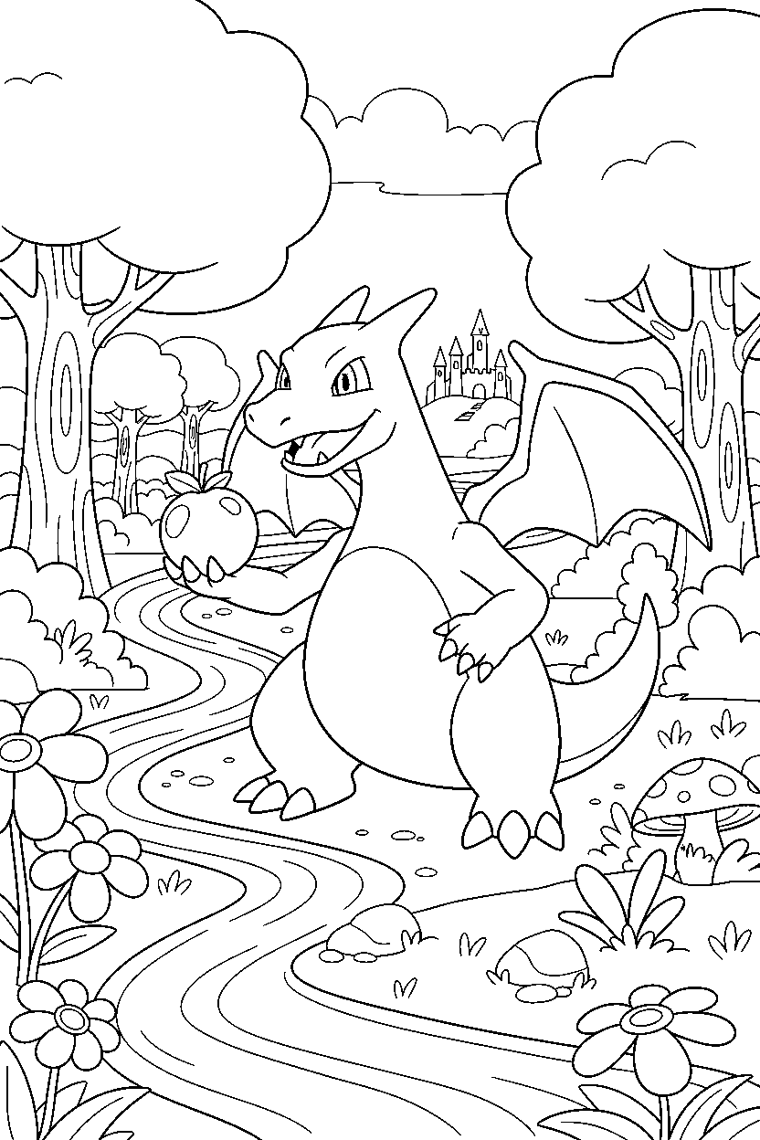 charizard pokemon holding a berry in a magical valley line art