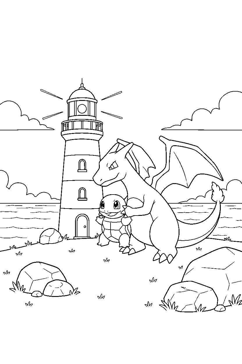 charizard pokemon hugging a friend near a lighthouse line art
