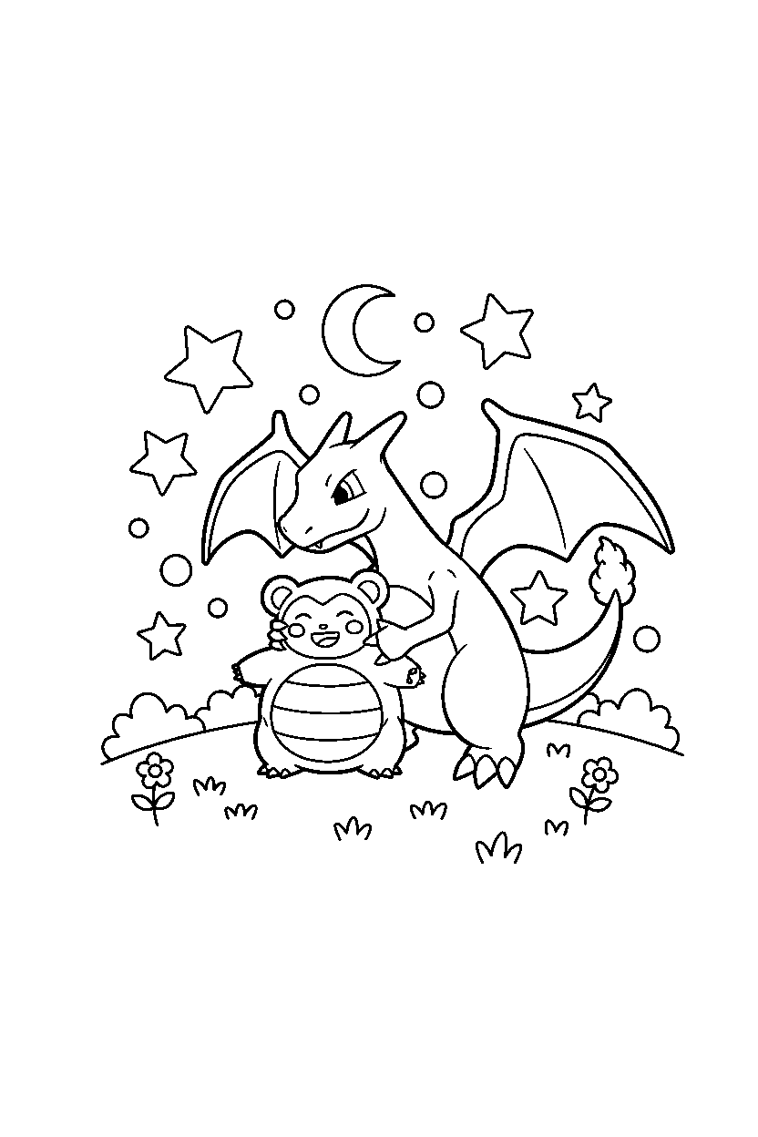 charizard pokemon hugging a friend on a starry night field line art