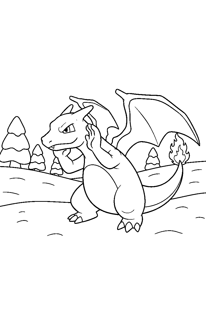 charizard pokemon listening carefully in a winter landscape line art