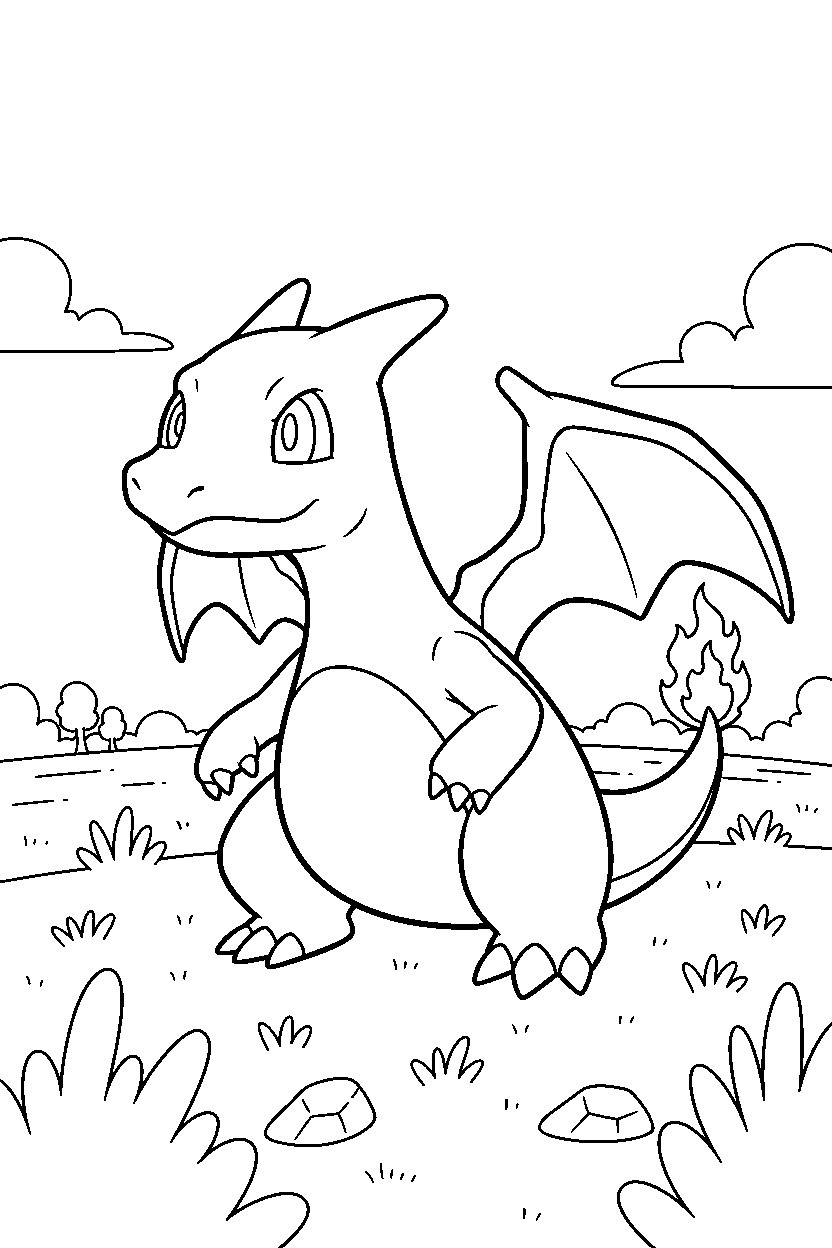 charizard pokemon looking curious in a grassy field line art