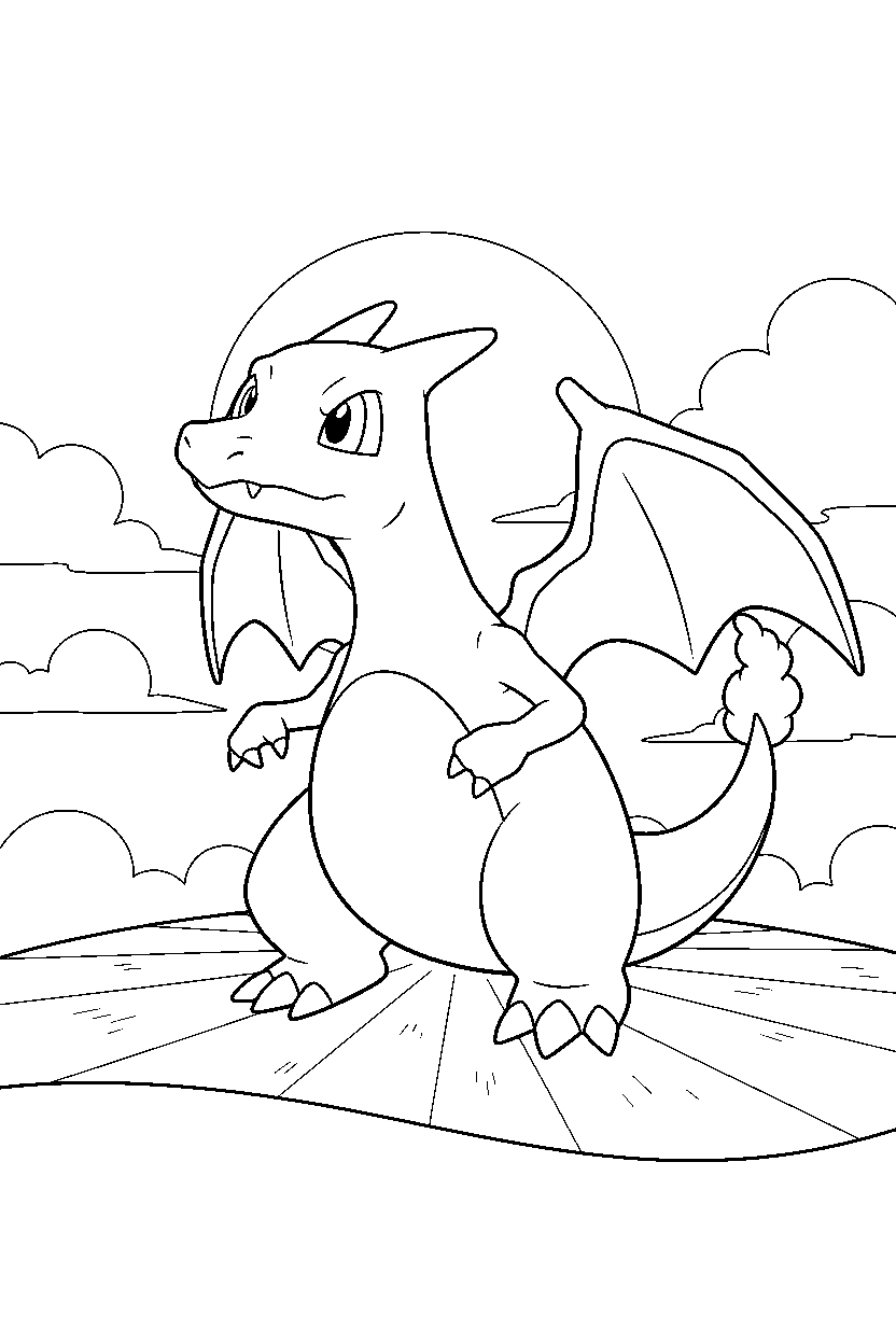 charizard pokemon looking curious on a glowing plain line art