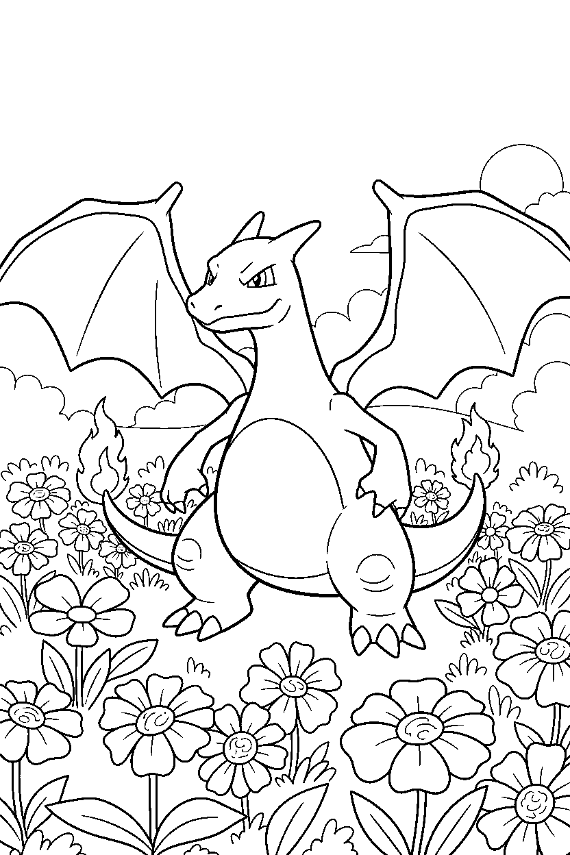 charizard pokemon posing proudly in a flower field line art