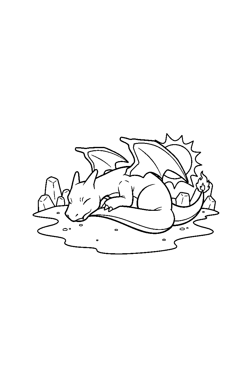 charizard pokemon resting peacefully in a desert line art