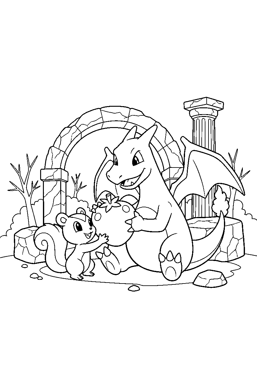 charizard pokemon sharing a snack near ancient ruins line art