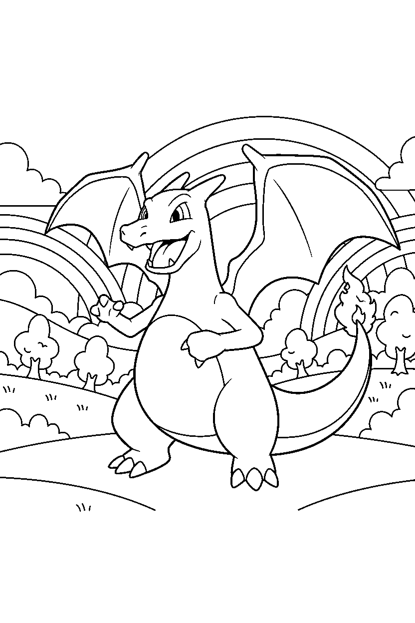 charizard pokemon stretching happily in a rainbow valley line art