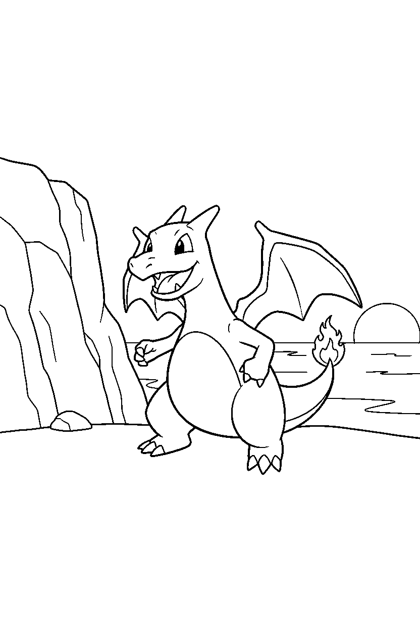 charizard pokemon walking happily near a seaside cliff line art