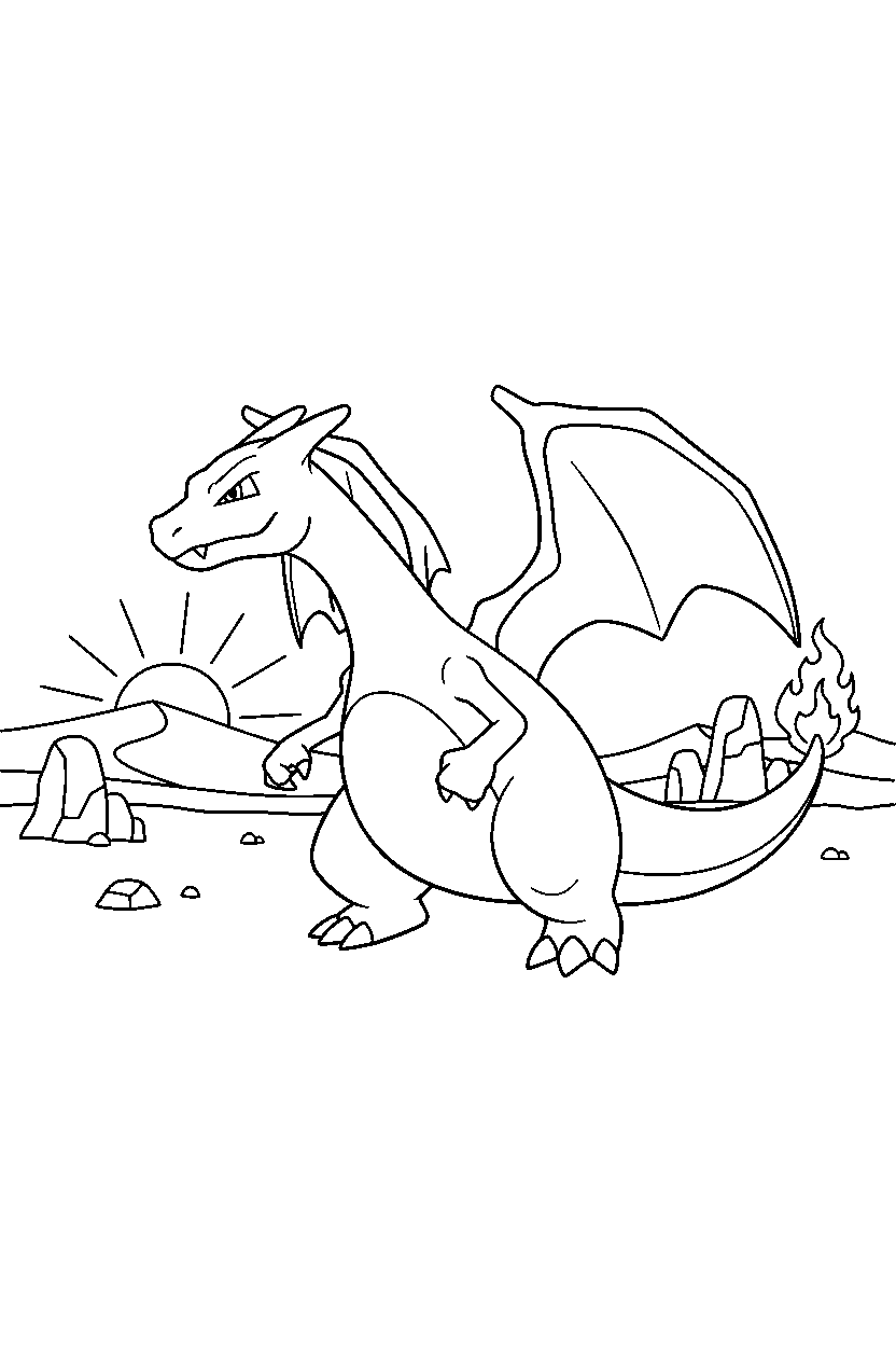 charizard pokemon walking proudly in a desert line art