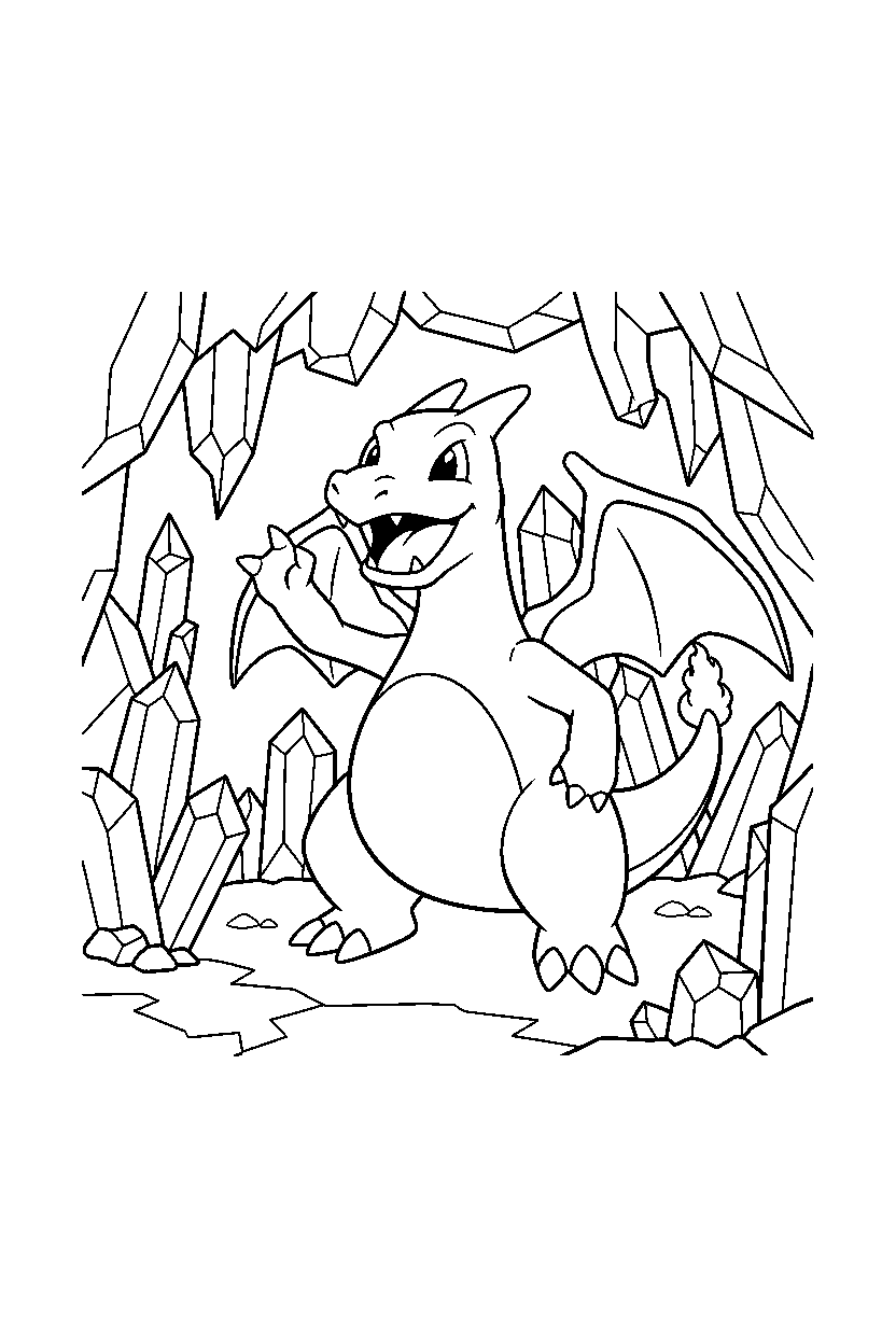 charizard pokemon waving happily inside a crystal cave line art