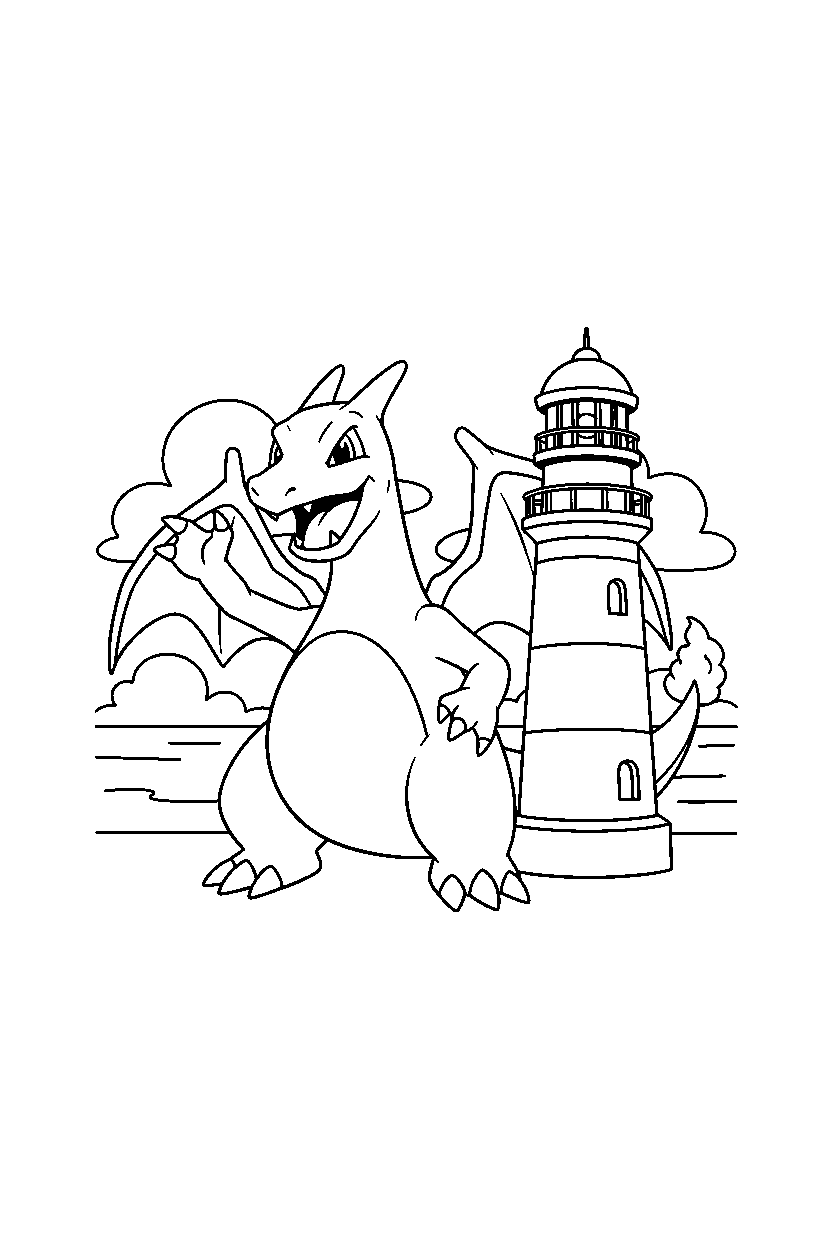 charizard pokemon waving happily near a lighthouse line art