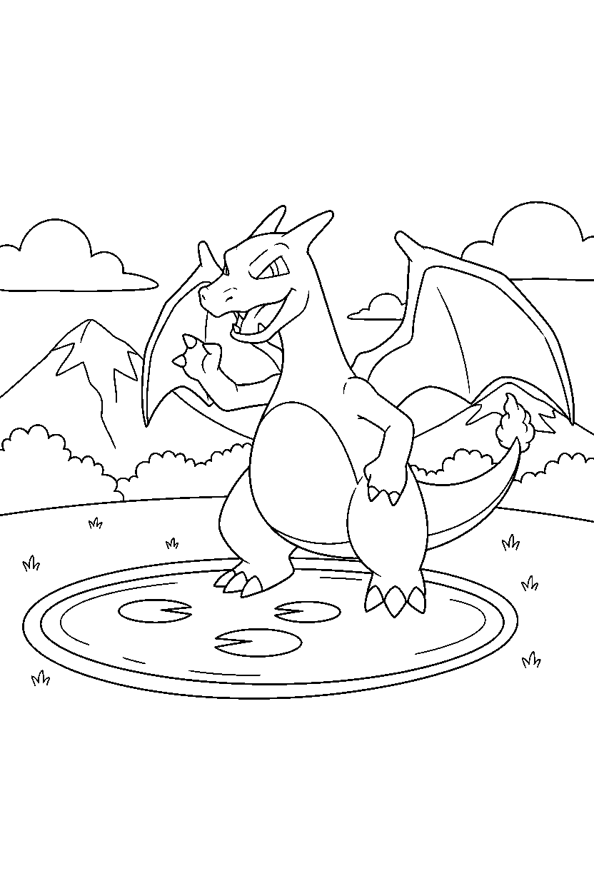 charizard pokemon waving happily near a peaceful pond line art