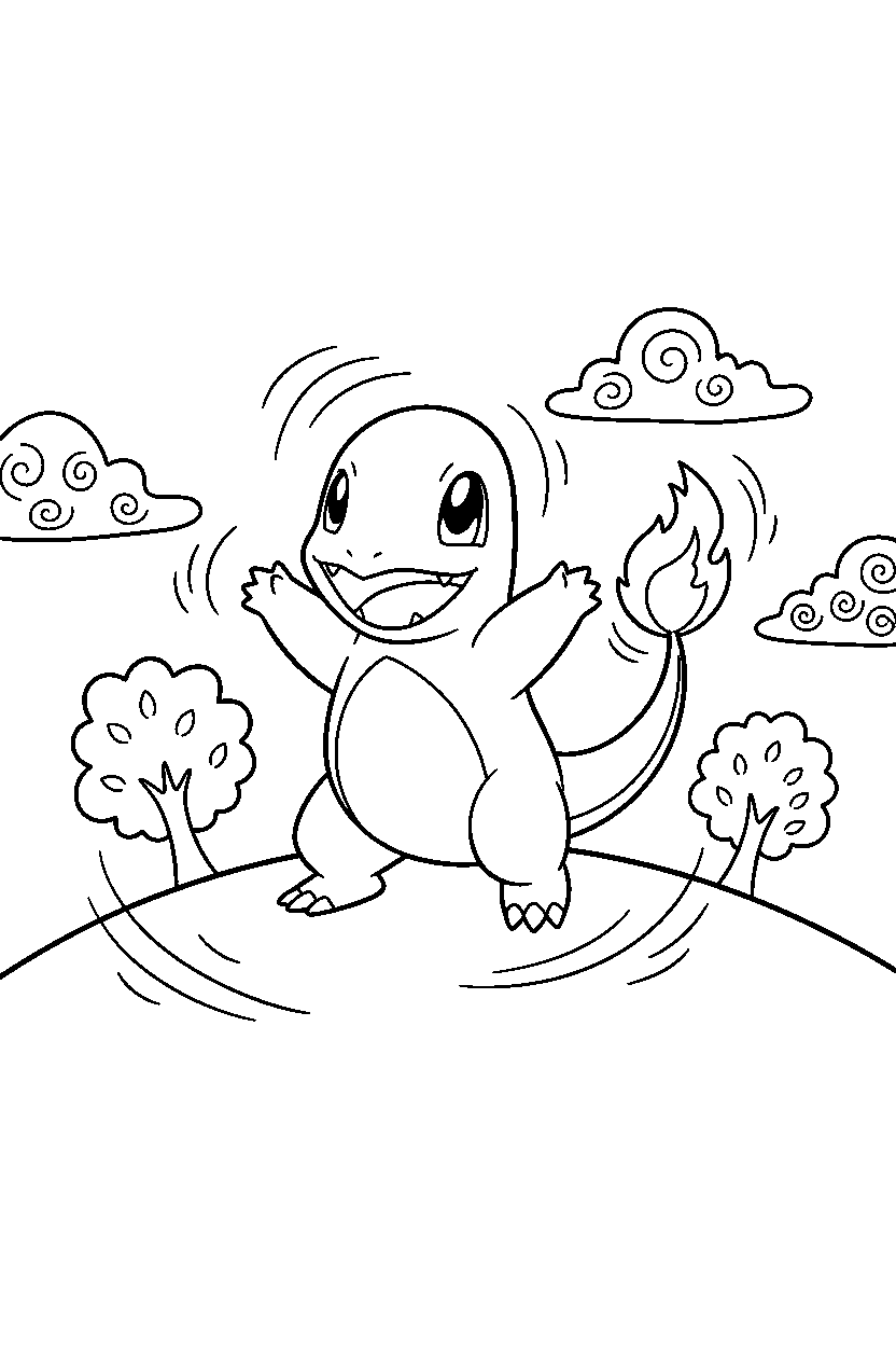 charmander pokemon cheering happily in a windy hill line art