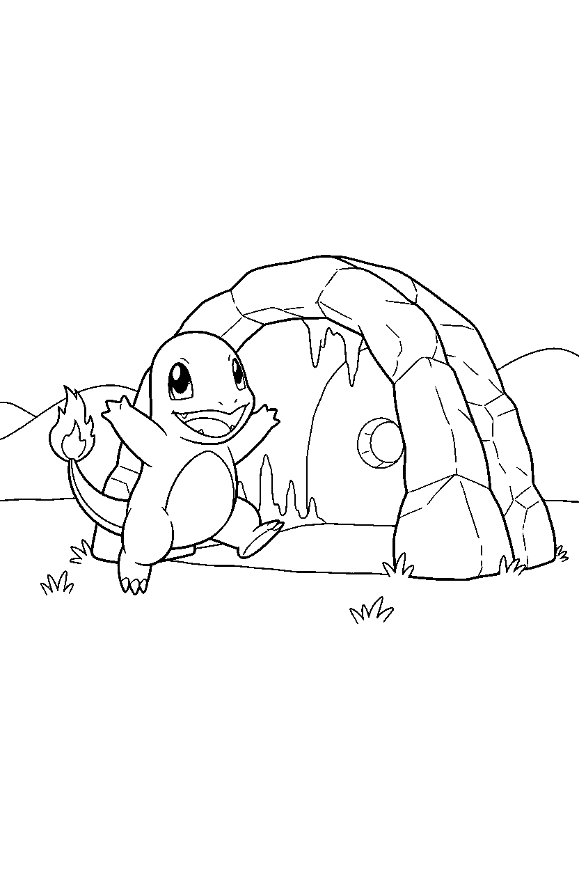 charmander pokemon cheering happily near a cave entrance line art