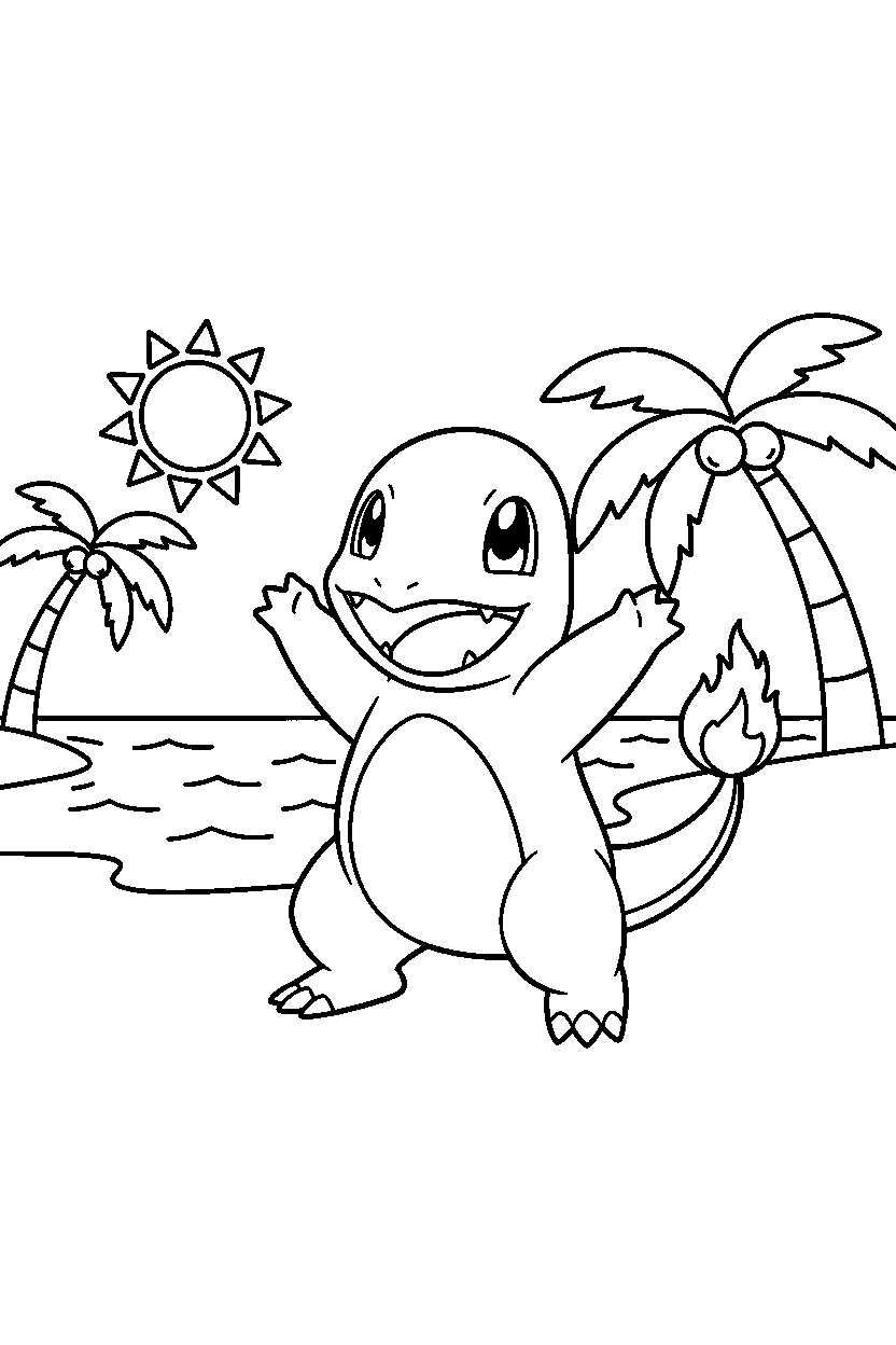 charmander pokemon cheering happily on a sunny beach line art