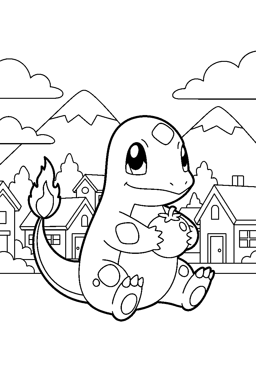 charmander pokemon holding a berry in a mountain village line art