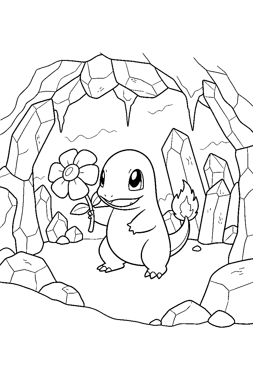 charmander pokemon holding a flower inside a crystal cave line art