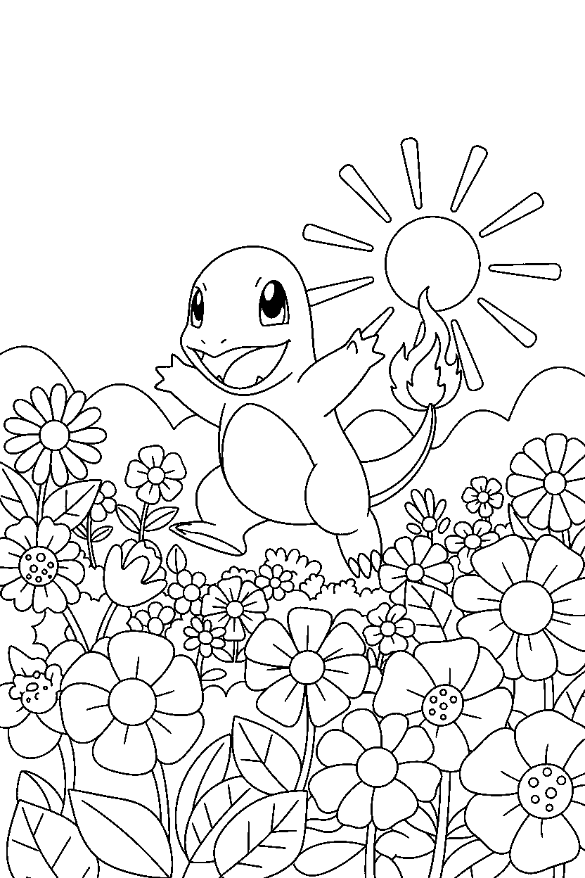 charmander pokemon jumping happily in a flower garden line art