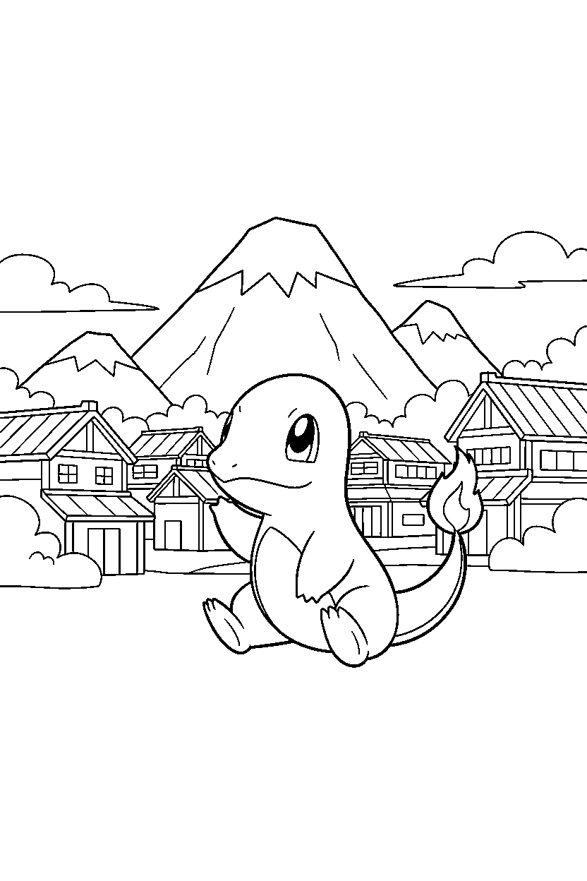 charmander pokemon listening carefully in a mountain village line art
