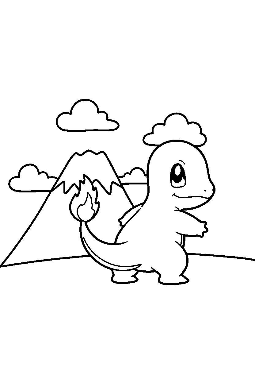 charmander pokemon looking around near a mountain line art