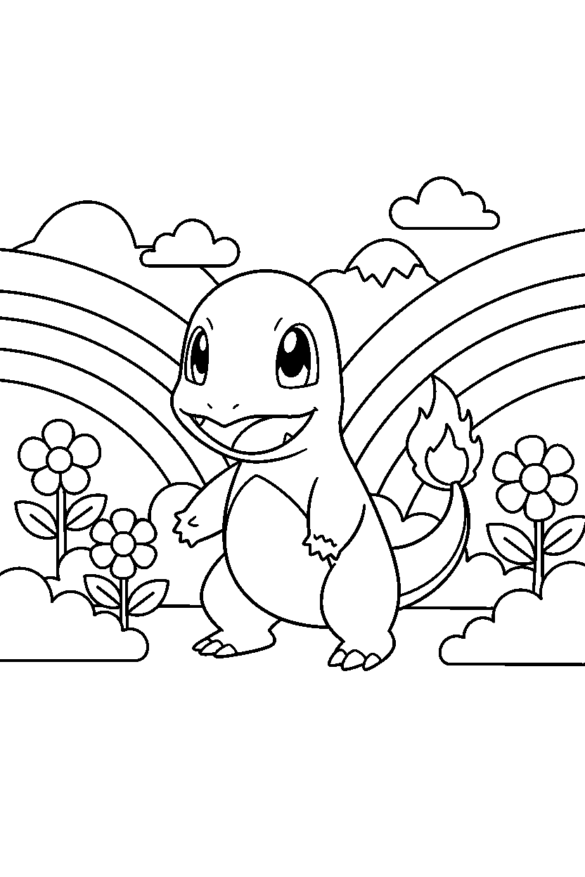 charmander pokemon looking surprised in a rainbow valley line art