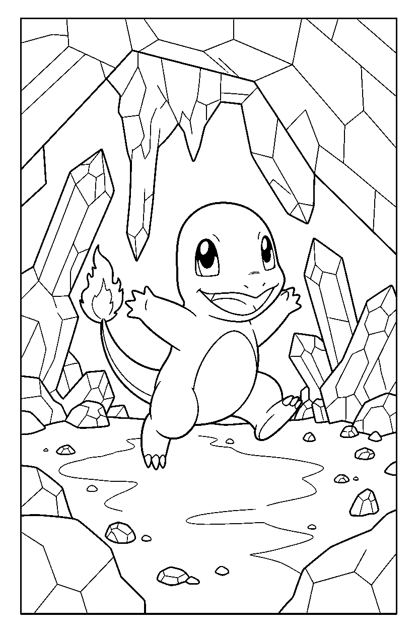 charmander pokemon running happily inside a crystal cave line art