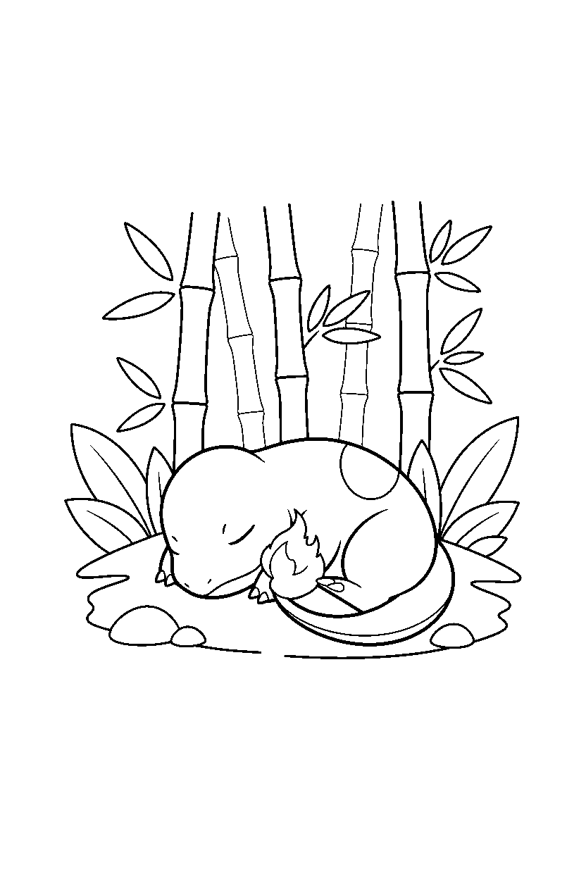 charmander pokemon sleeping peacefully in a bamboo forest line art