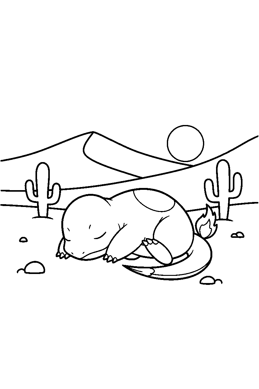 charmander pokemon sleeping peacefully in a desert line art