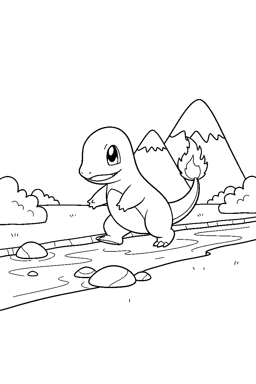 charmander pokemon walking proudly near a river line art