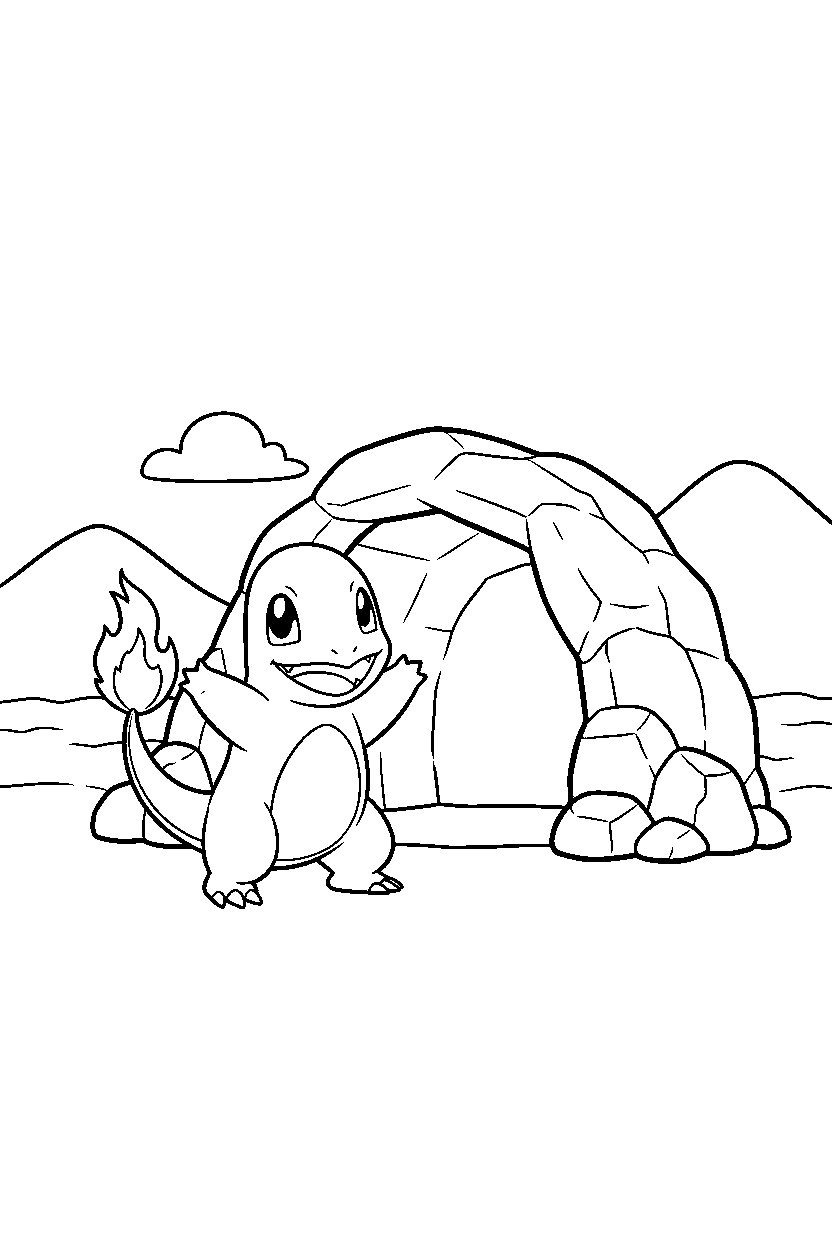 charmander pokemon waving happily near a cave entrance line art