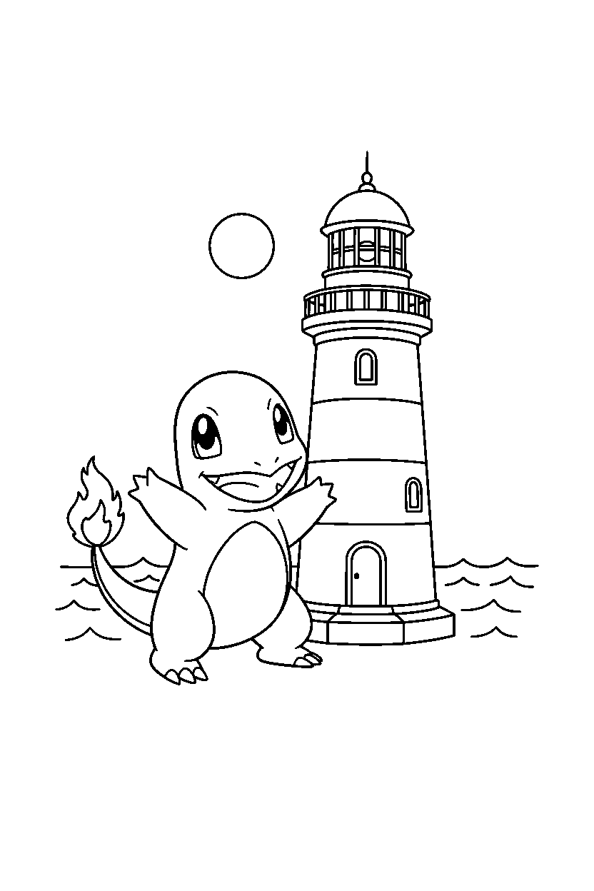 charmander pokemon waving happily near a lighthouse line art