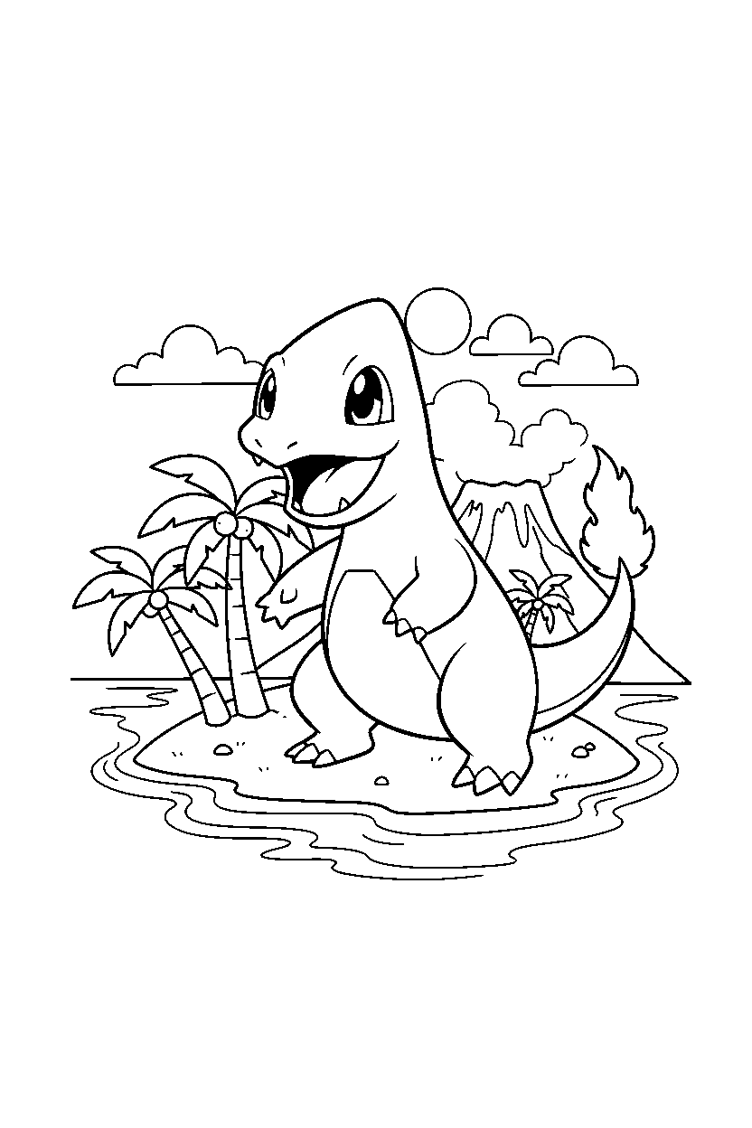 charmeleon pokemon looking excited on a tropical island line art