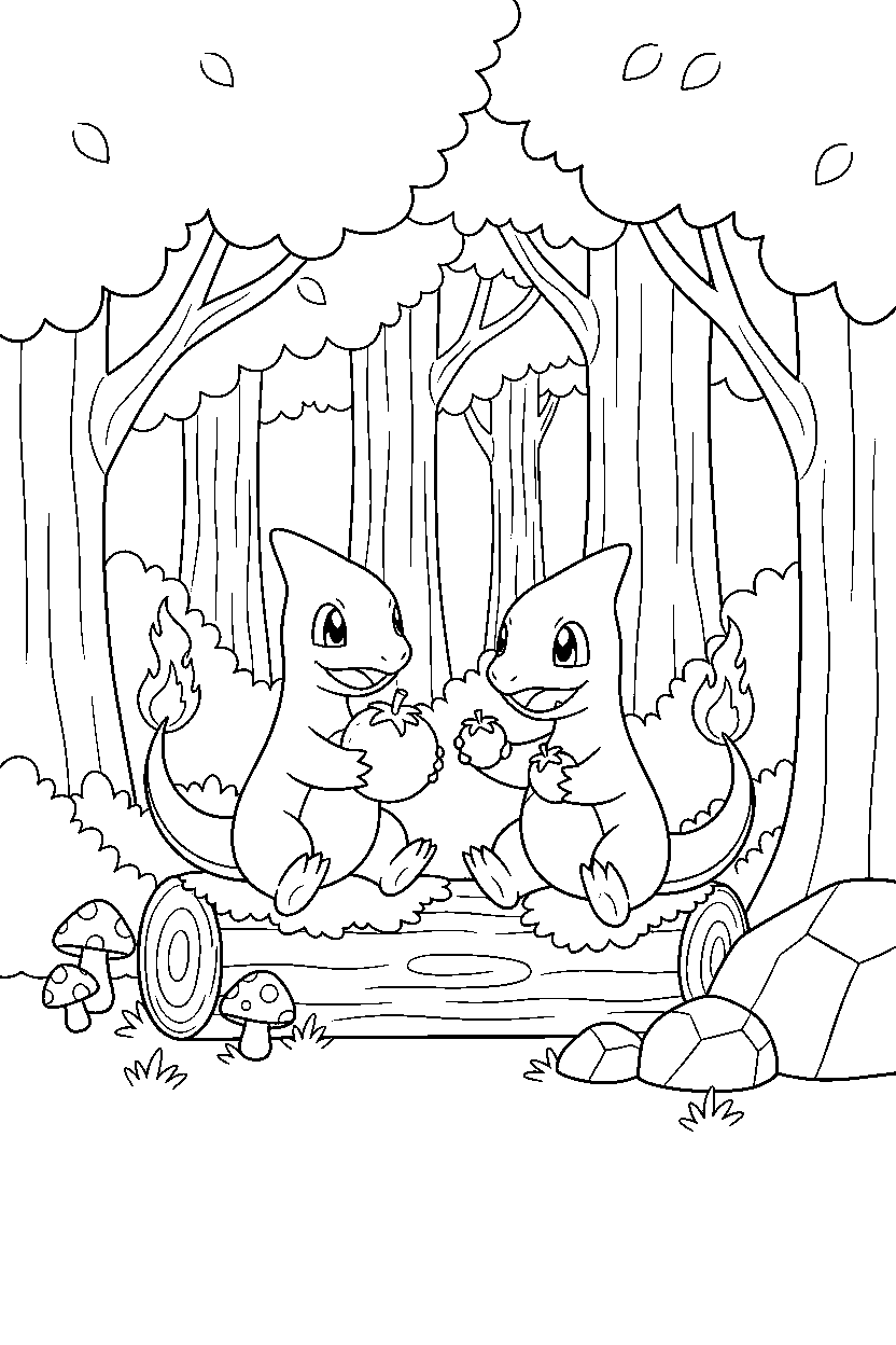 charmeleon pokemon sharing a snack in a hidden forest line art