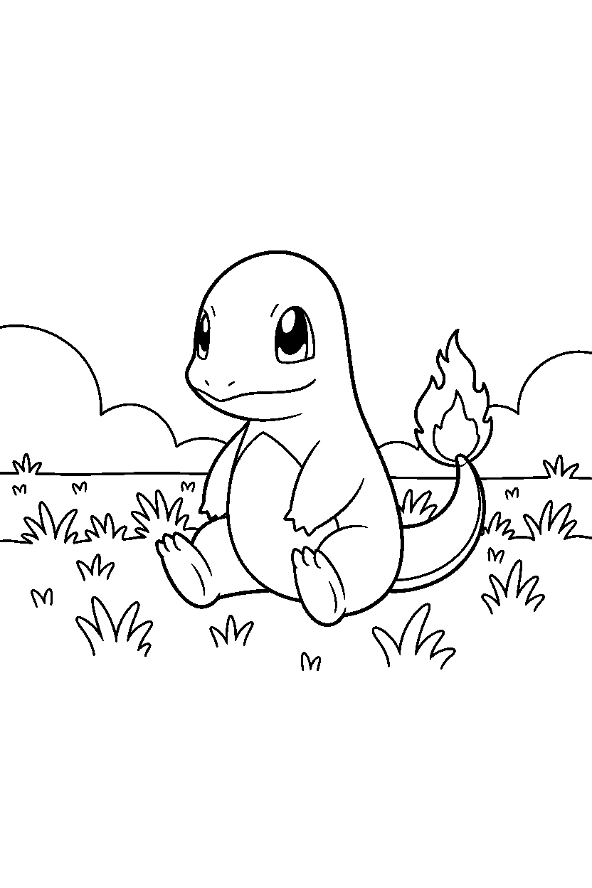 charmeleon pokemon sitting peacefully in a grassy field line art