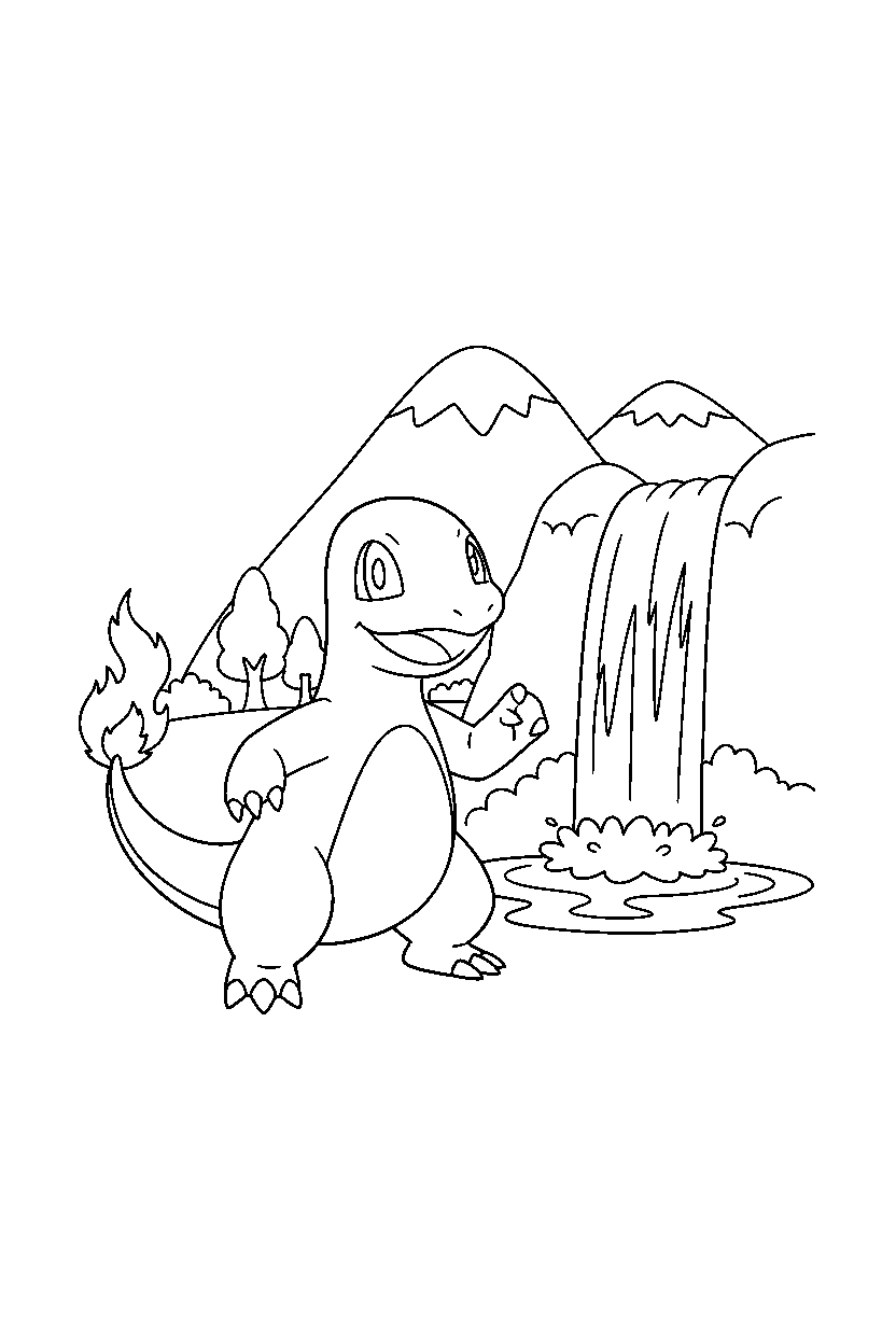 charmeleon pokemon smiling happily near a waterfall line art