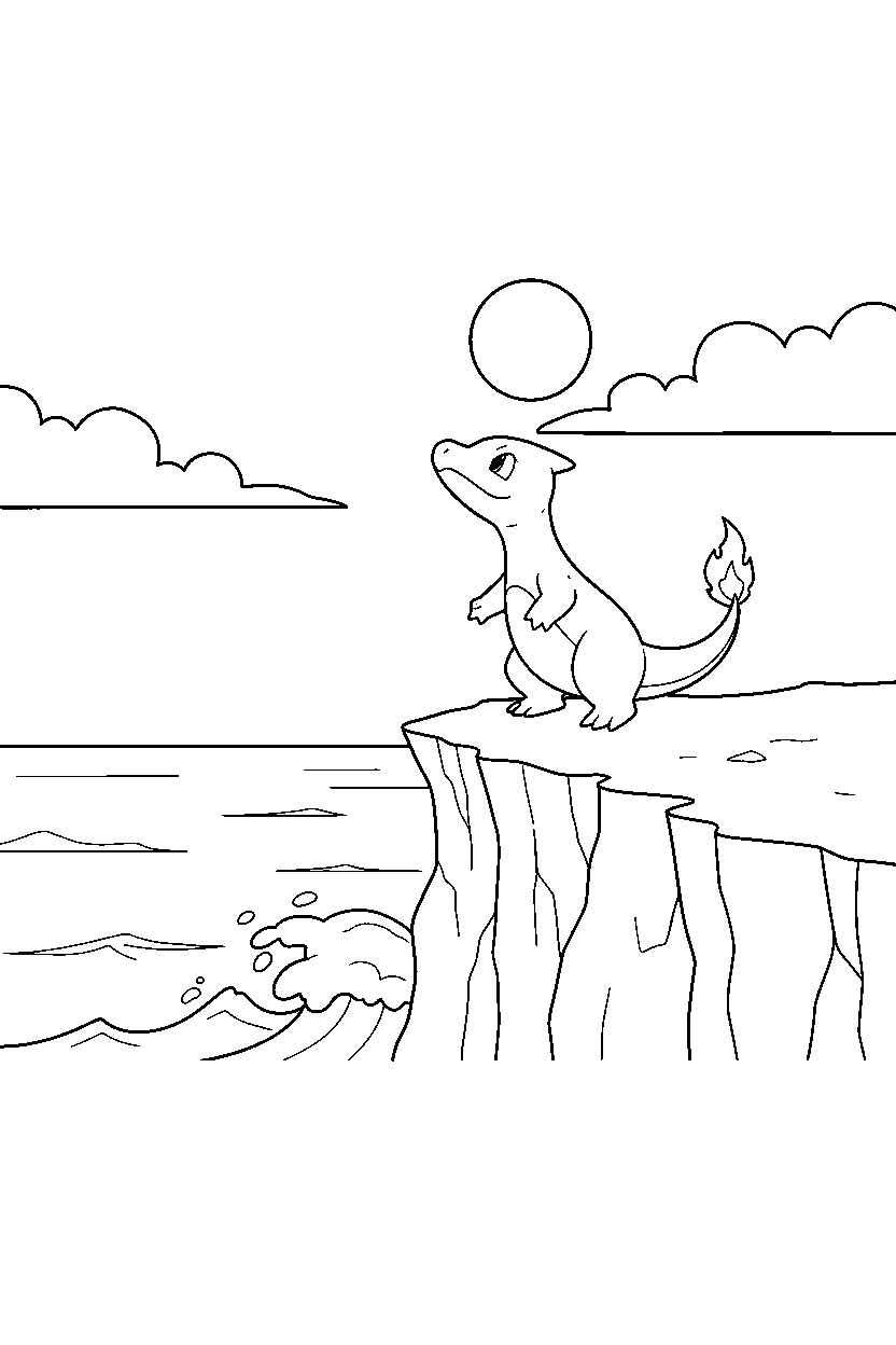charmeleon pokemon sniffing the air near a seaside cliff line art