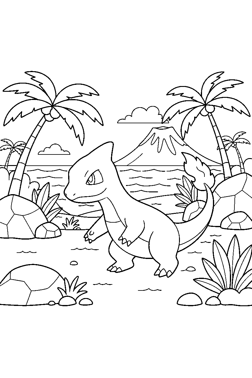 charmeleon pokemon walking gently on a tropical island line art