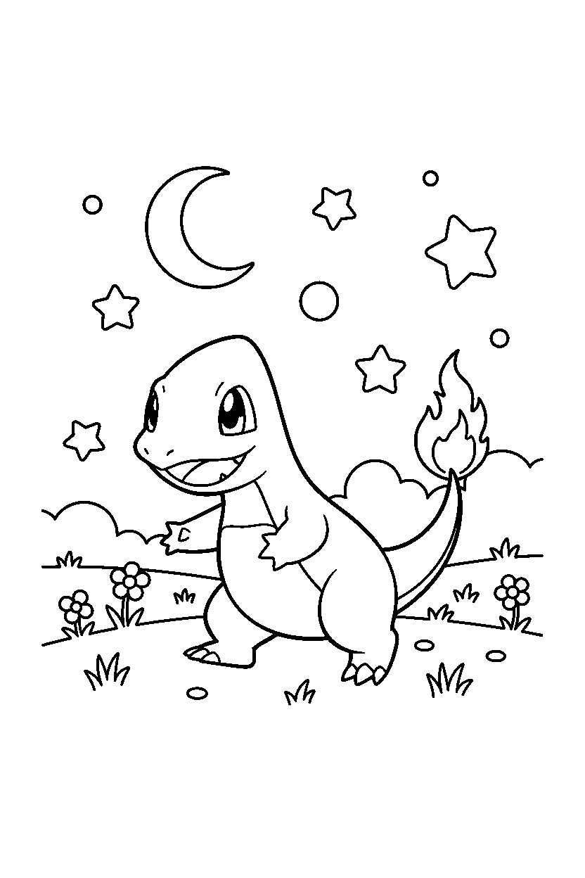 charmeleon pokemon walking happily on a starry night field line art