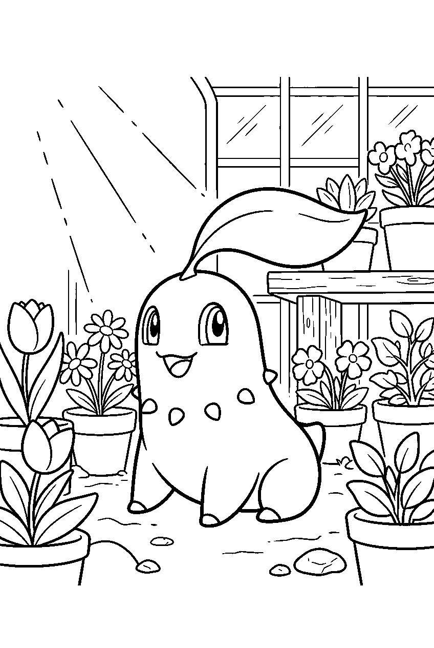 chikorita basking in sunlight among flowers inside a greenhouse line art