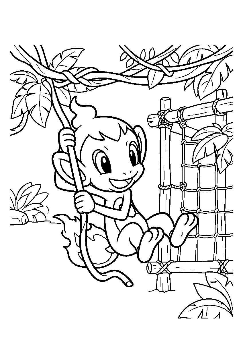 chimchar swinging from vines in a jungle playground line art