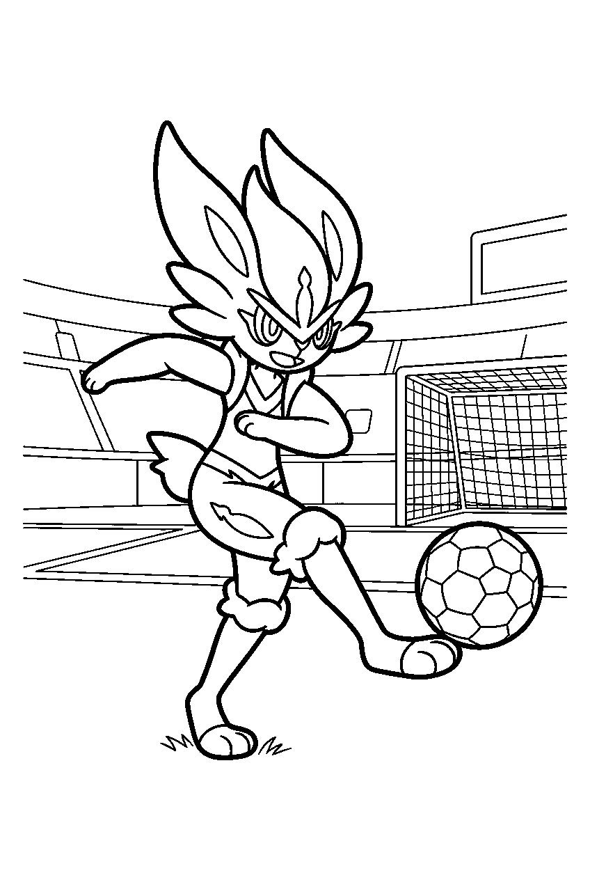 cinderace kicking a soccer ball inside a stadium line art