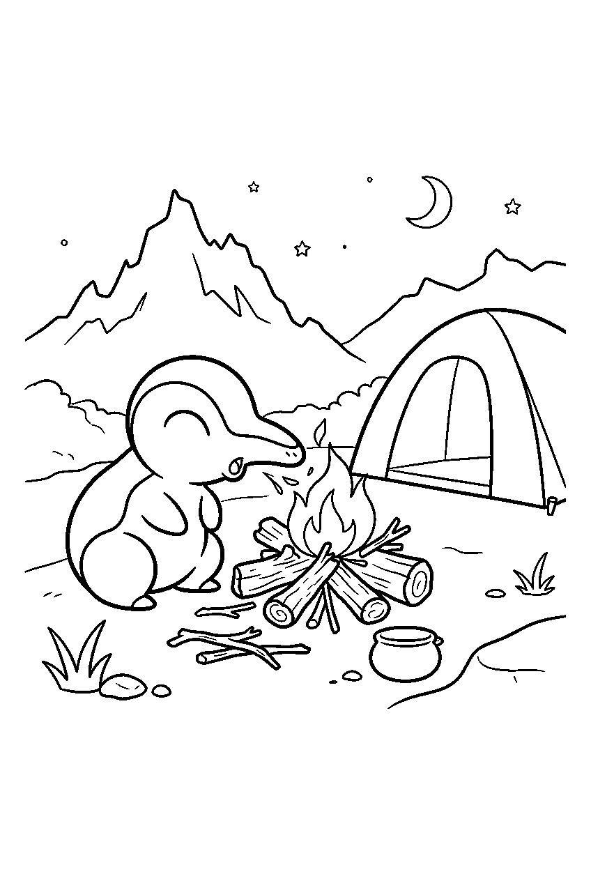 cyndaquil lighting a campfire at a mountain campsite line art