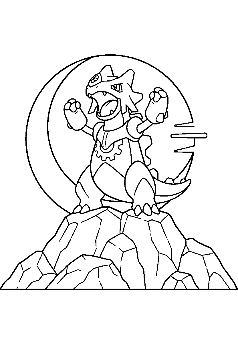 dialga pokemon cheering happily on a rocky mountain line art