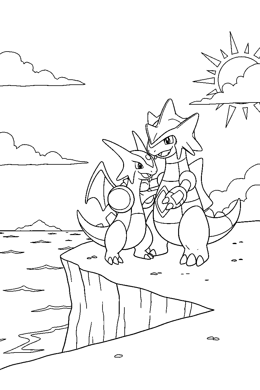 dialga pokemon hugging a friend near a seaside cliff line art