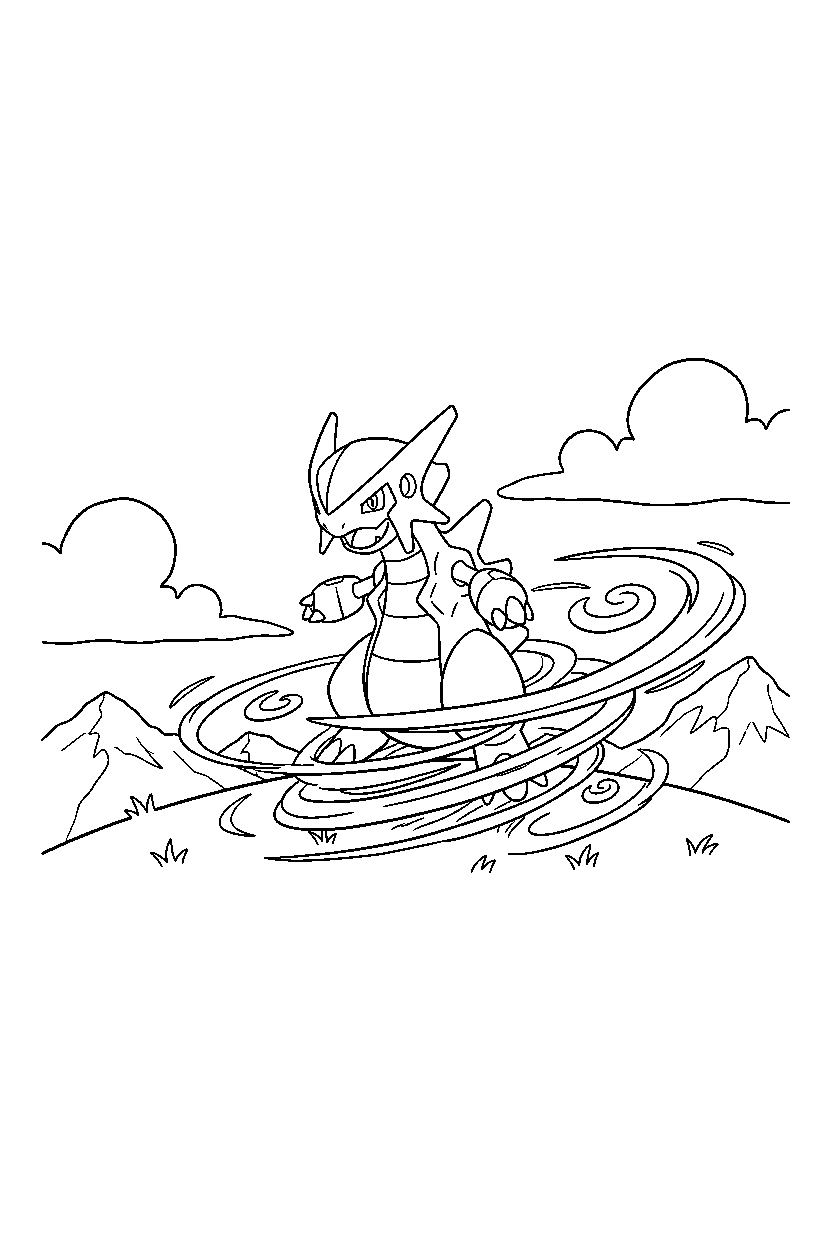 dialga pokemon spinning happily in a windy hill line art